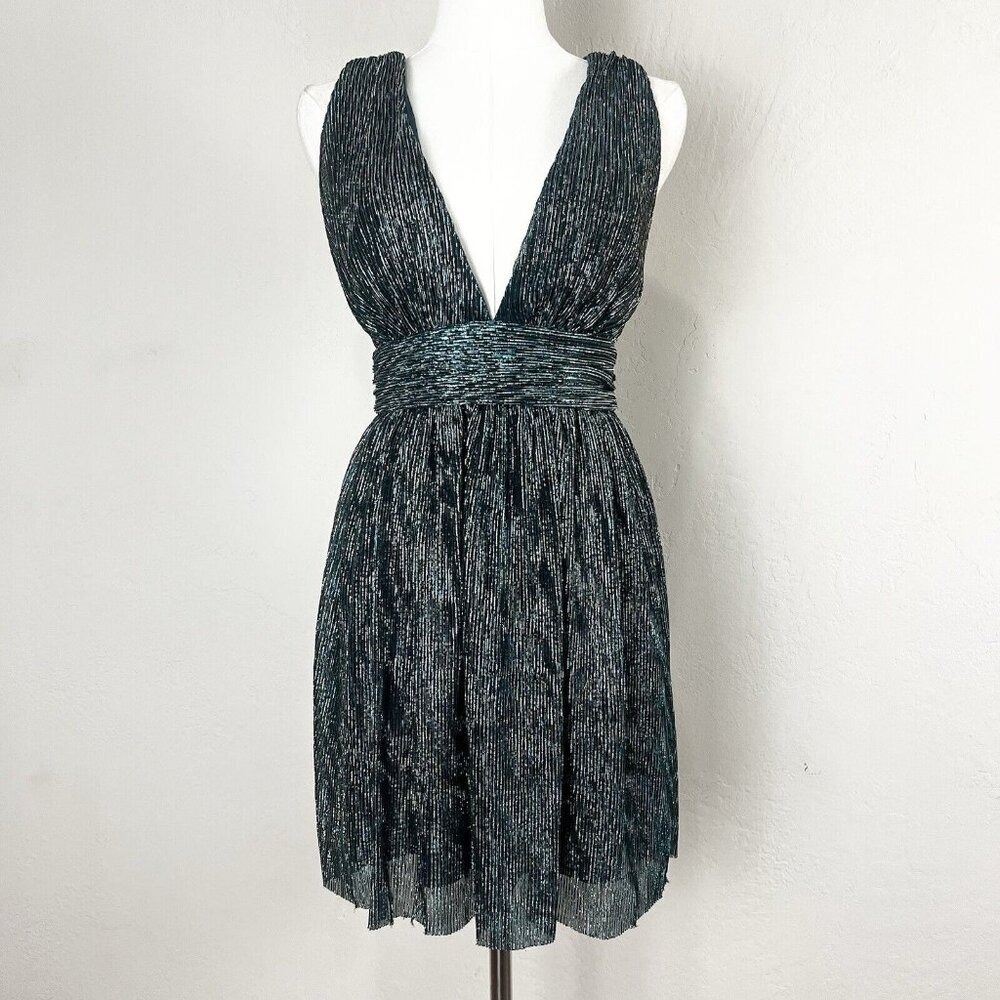 Lulu's Ailey Gold and Teal Plunge Skater‎ Dress Mini Size XS Party Holiday Shiny
